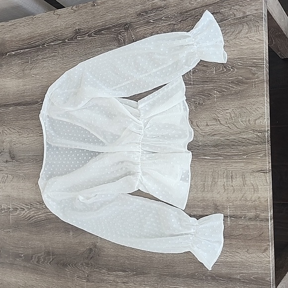 AQUA Swiss Clip Dot Semi-Sheer Bell Sleeve Faux Wrap Peplum Top White - Picture 7 of 8